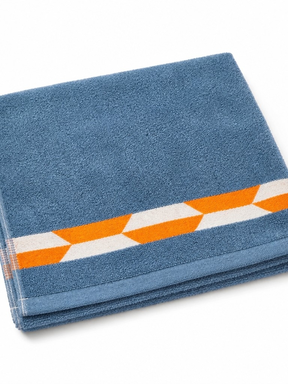 Blue Hand Towel with Orange & White Geometric Border